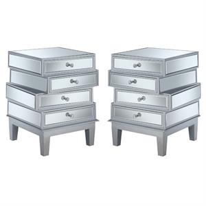Home Square End Table in Mirrored Glass and Silver Wood Finish - Set of 2