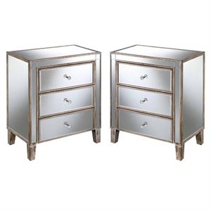 home square 3-drawer chest in mirrored glass and weathered white - set of 2