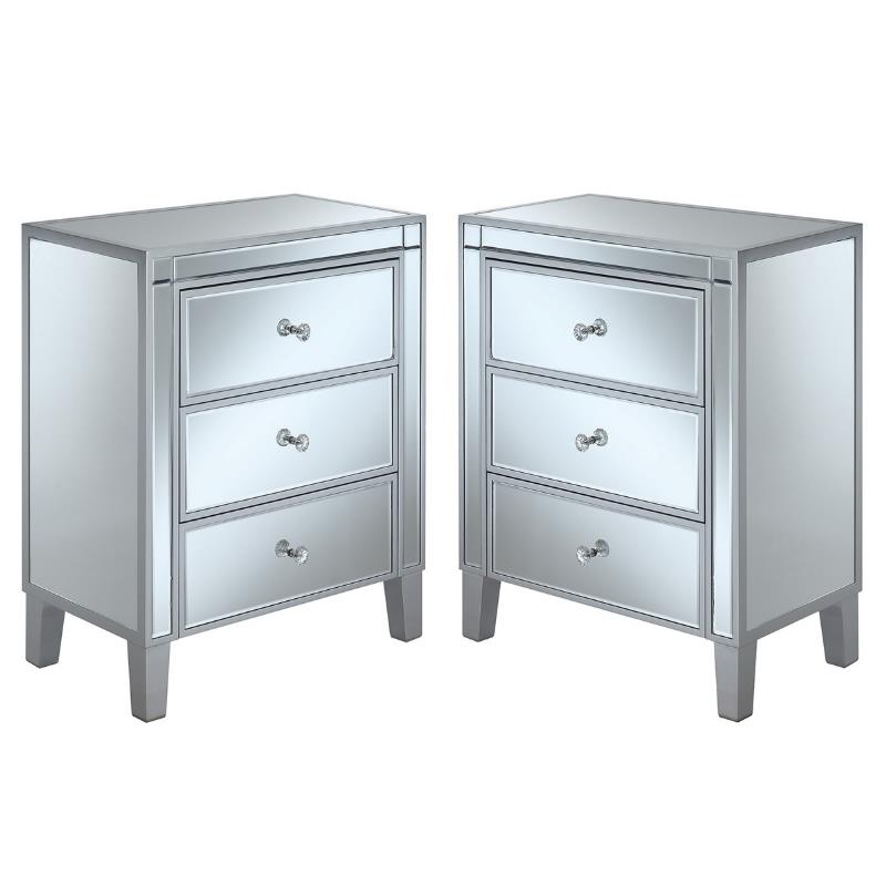 Home Square 3-Drawer Chest in Mirrored Glass and Silver - Set of 2