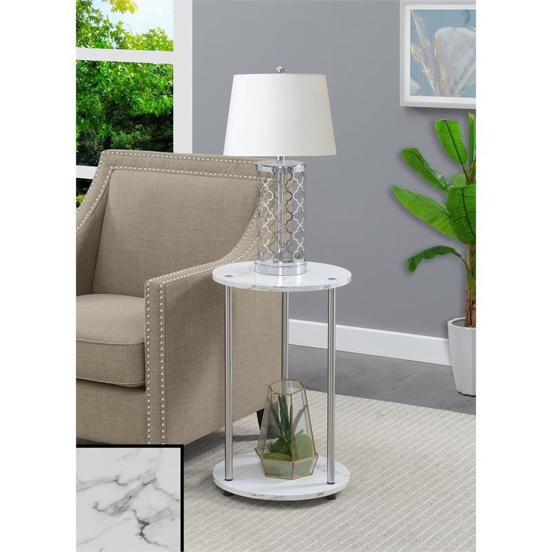 Home Square Two-Tier Round End Table in White Faux Marble - Set of 2
