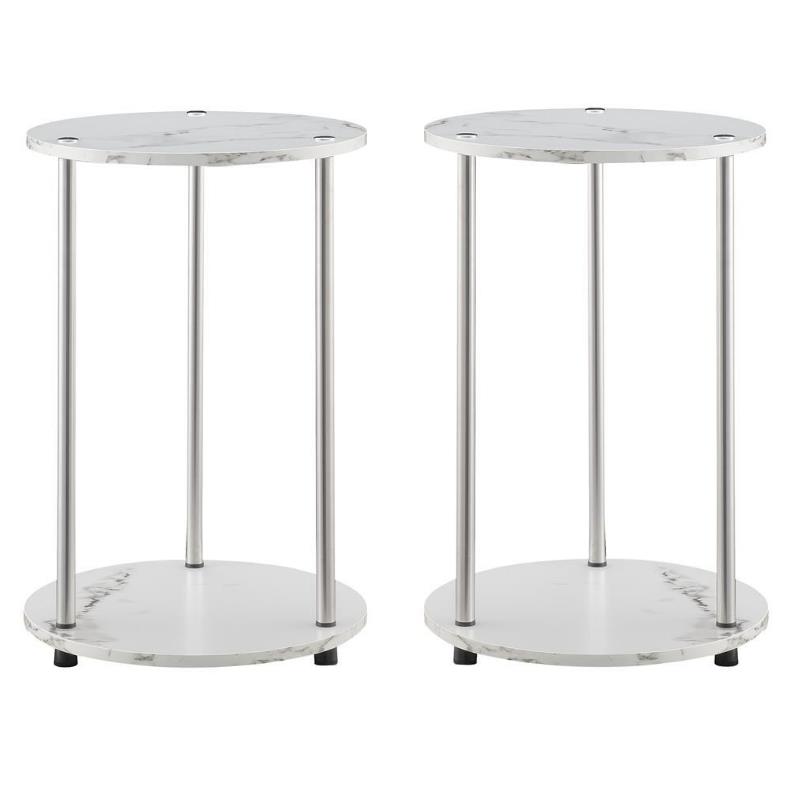 Home Square Two-Tier Round End Table in White Faux Marble - Set of 2