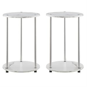 Home Square Two-Tier Round End Table in White Faux Marble - Set of 2
