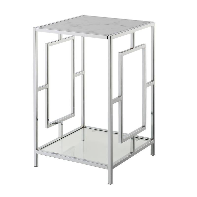 Home Square End Table with White Faux Marble Top and Clear Glass - Set of 2
