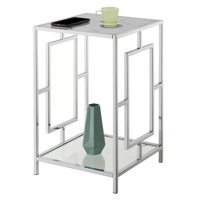 Home Square End Table with White Faux Marble Top and Clear Glass - Set of 2
