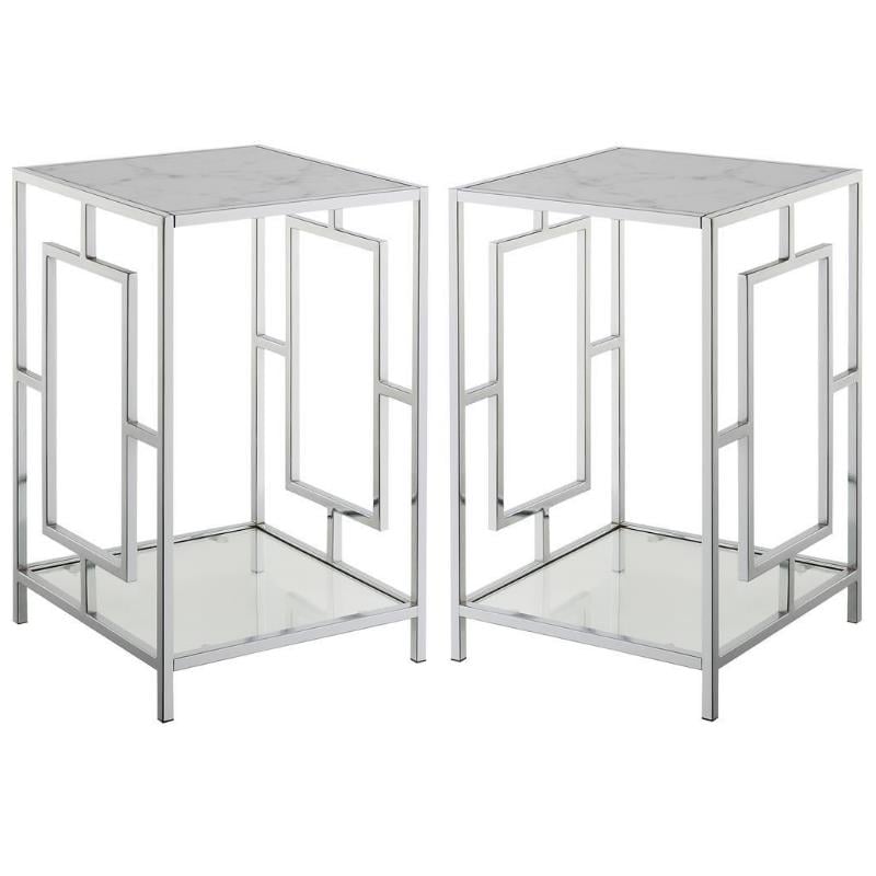 Home Square End Table with White Faux Marble Top and Clear Glass - Set of 2