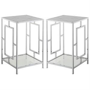 home square end table with white faux marble top and clear glass - set of 2