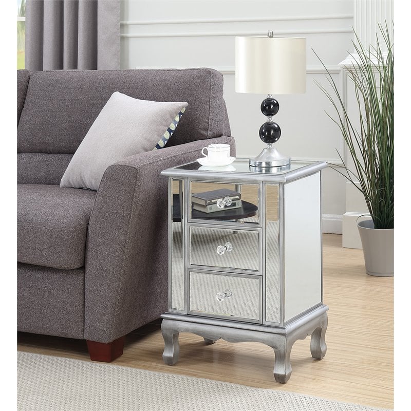 Home Square Three-Drawer End Table in Mirrored Glass and Silver