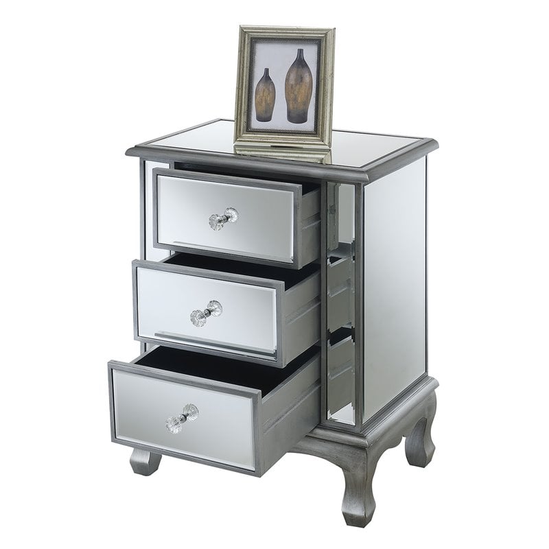 Home Square Three-Drawer End Table in Mirrored Glass and Silver Wood - Set of 2