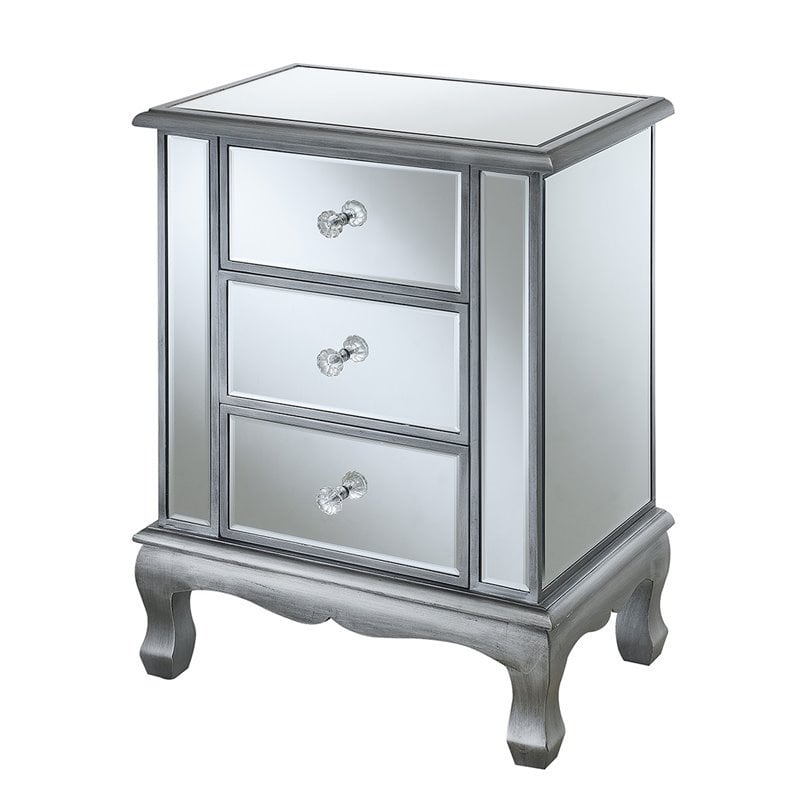 Home Square Three-Drawer End Table in Mirrored Glass and Silver Wood - Set of 2