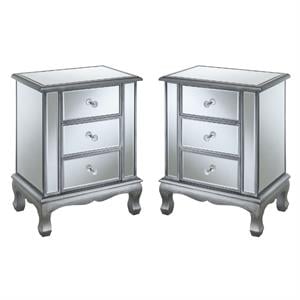 Home Square Three-Drawer End Table in Mirrored Glass and Silver Wood - Set of 2