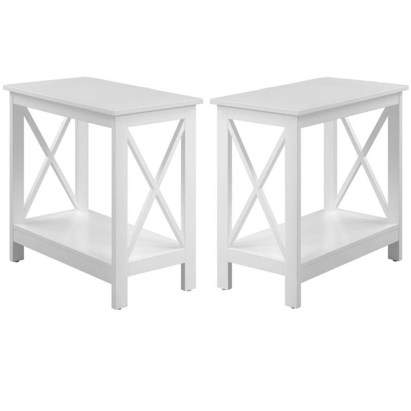 Home Square Chairside End Table with Shelf in White Wood Finish - Set of 2