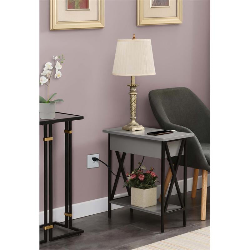 Home Square Top End Table with Charging Station & Shelf in Gray - Set of 2