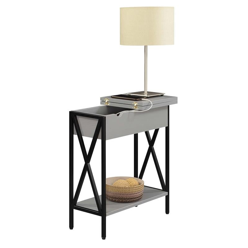 Home Square Top End Table with Charging Station & Shelf in Gray - Set of 2