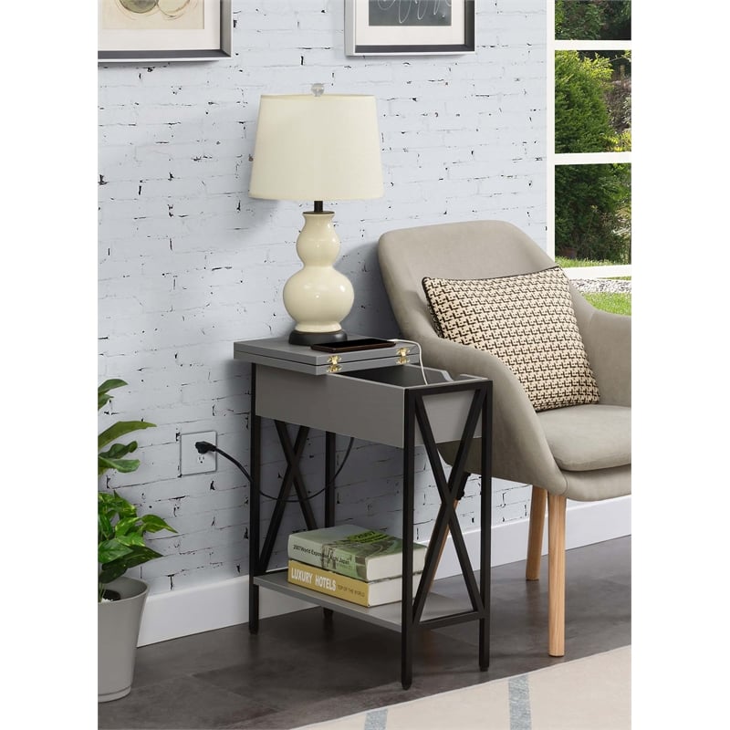 Home Square Top End Table with Charging Station & Shelf in Gray - Set of 2