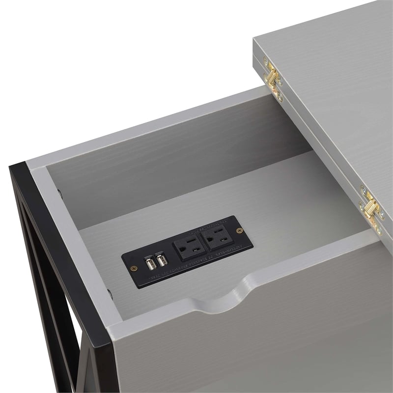 Home Square Top End Table with Charging Station & Shelf in Gray - Set of 2