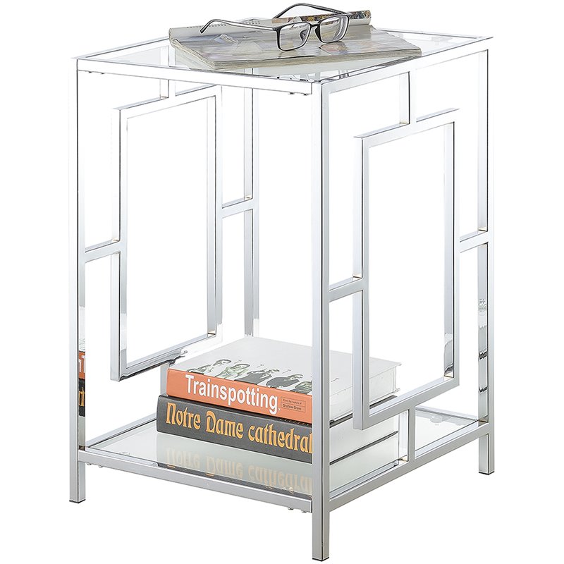 Home Square Glass Top End Table in Chrome Metal Frame - Set of 2