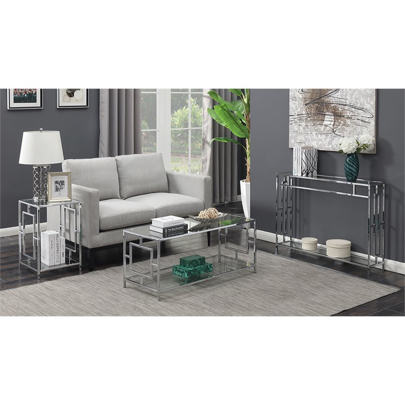 Home Square Glass Top End Table in Chrome Metal Frame - Set of 2