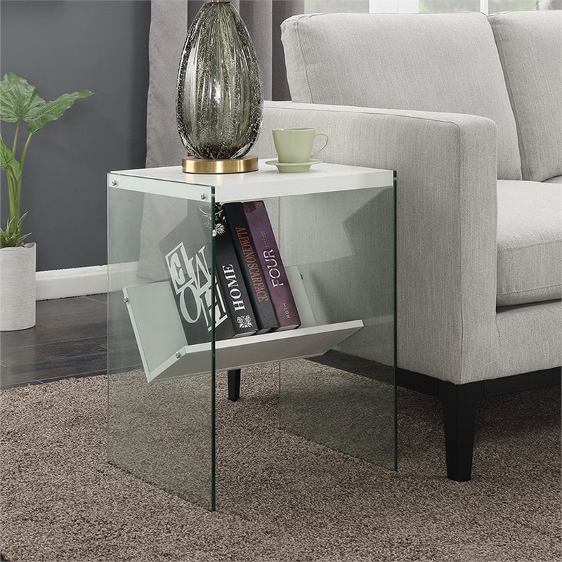 Home Square End Table in White Wood Finish and Clear Glass - Set of 2