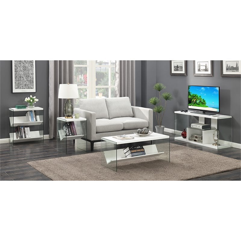 Home Square End Table in White Wood Finish and Clear Glass - Set of 2