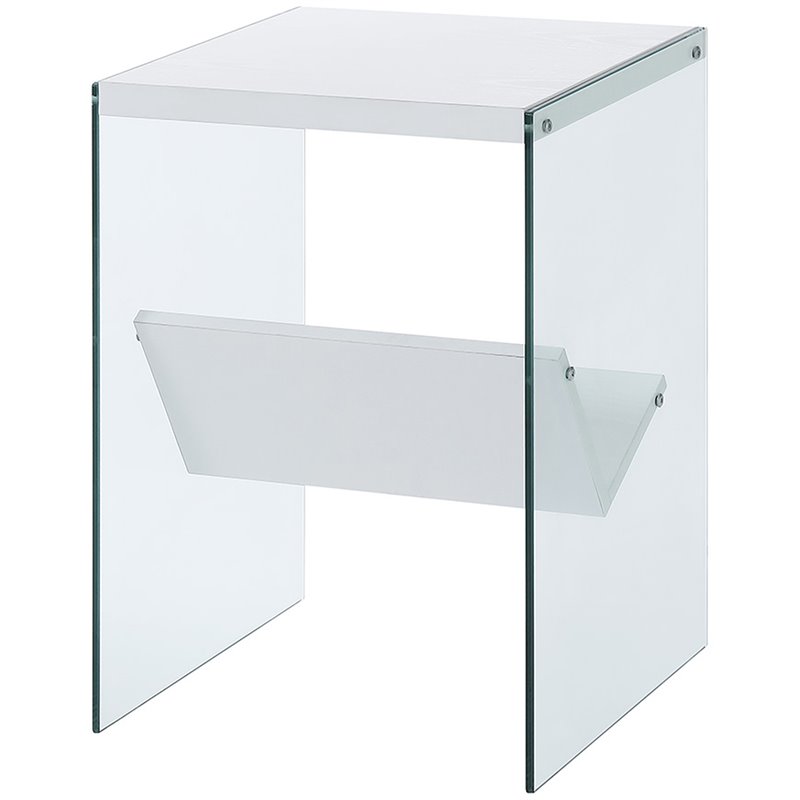 Home Square End Table in White Wood Finish and Clear Glass - Set of 2