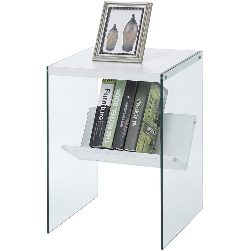 Home Square End Table in White Wood Finish and Clear Glass - Set of 2