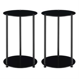 home square classic two-tier round end table in black glass - set of 2