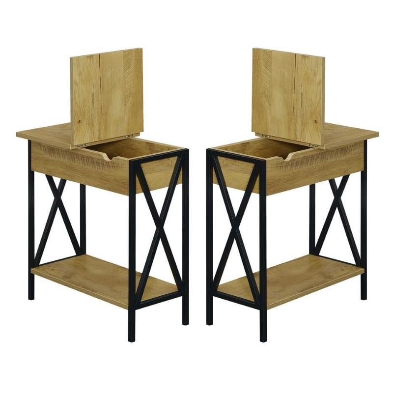 Home Square Top End Table with Charging Station in Light Oak - Set of 2
