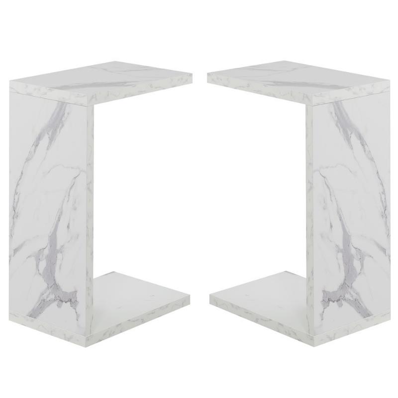 Home Square C End Table in Faux White Marble Wood - Set of 2
