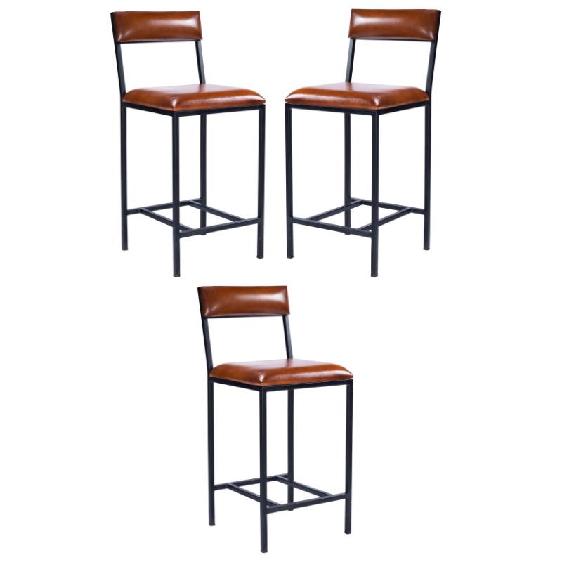 Home Square Leather & Metal Counter Stool in Brown - Set of 3