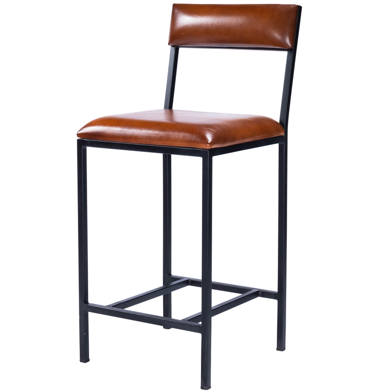 Home Square Leather & Metal Counter Stool in Brown - Set of 2