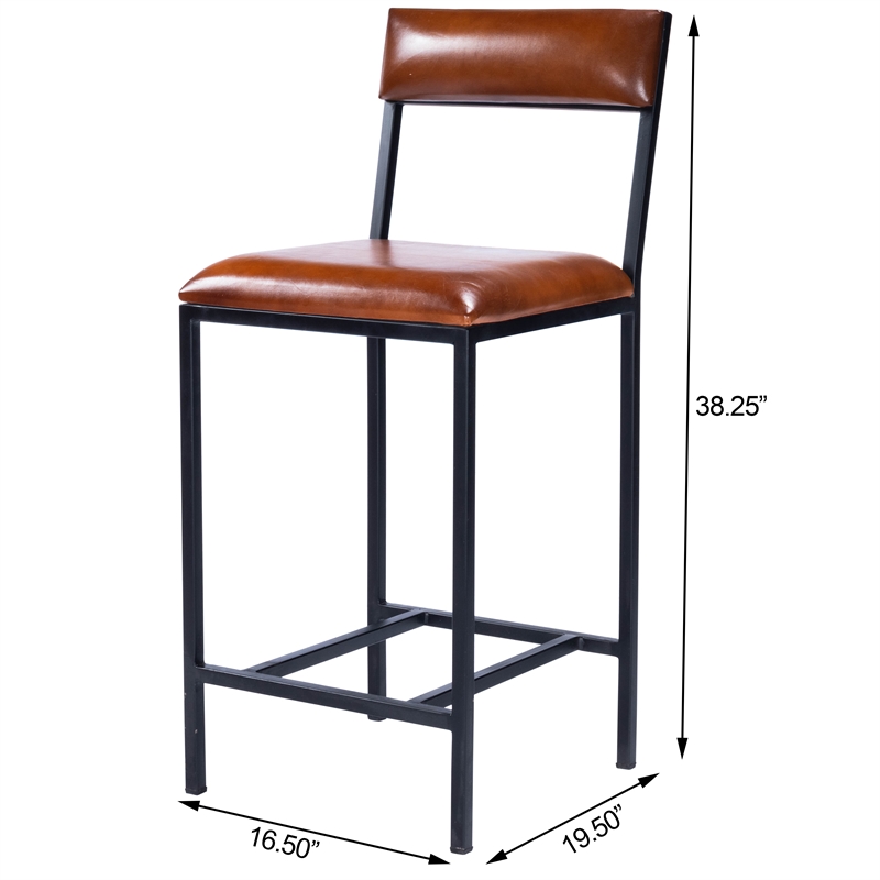 Home Square Leather & Metal Counter Stool in Brown - Set of 2