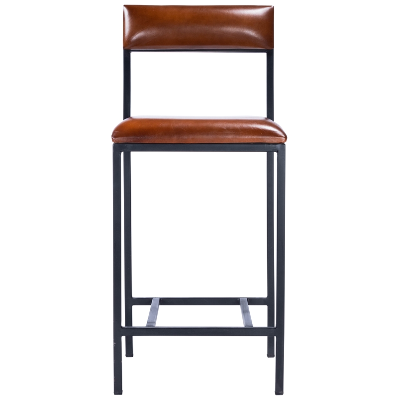 Home Square Leather & Metal Counter Stool in Brown - Set of 2