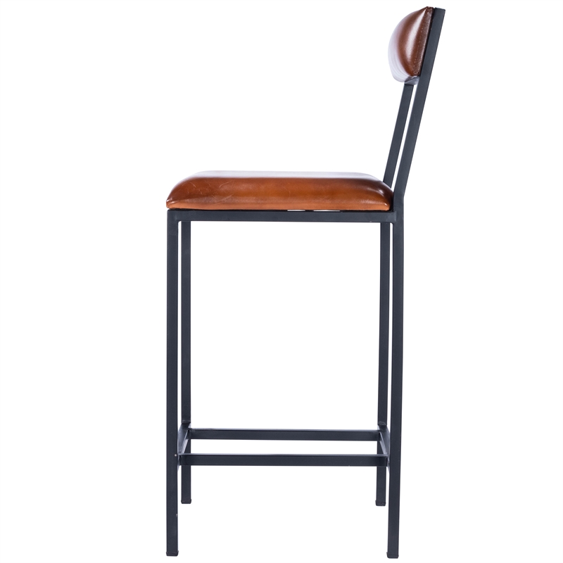 Home Square Leather & Metal Counter Stool in Brown - Set of 2