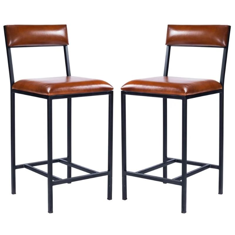 Home Square Leather & Metal Counter Stool in Brown - Set of 2
