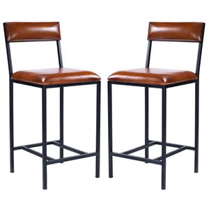 Home Square Leather & Metal Counter Stool in Brown - Set of 2