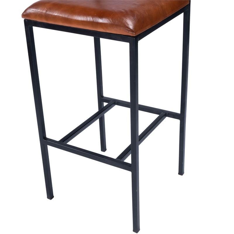 Home Square Leather & Metal Bar Stool in Brown - Set of 2