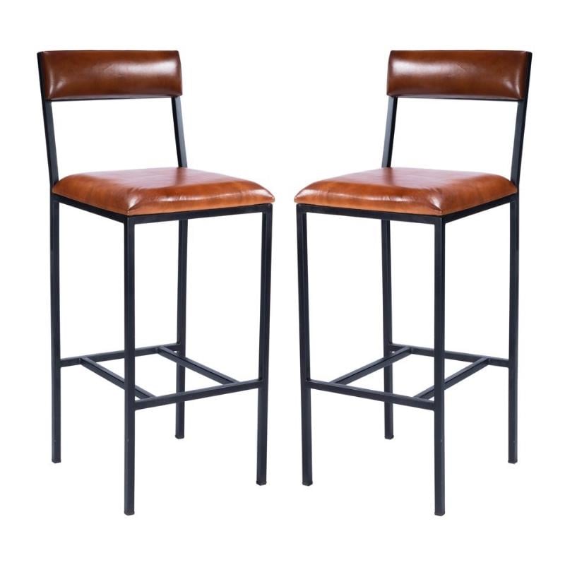 Home Square Leather & Metal Bar Stool in Brown - Set of 2