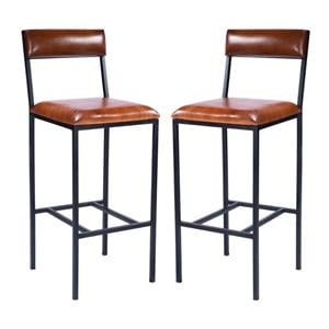 Home Square Leather & Metal Bar Stool in Brown - Set of 2