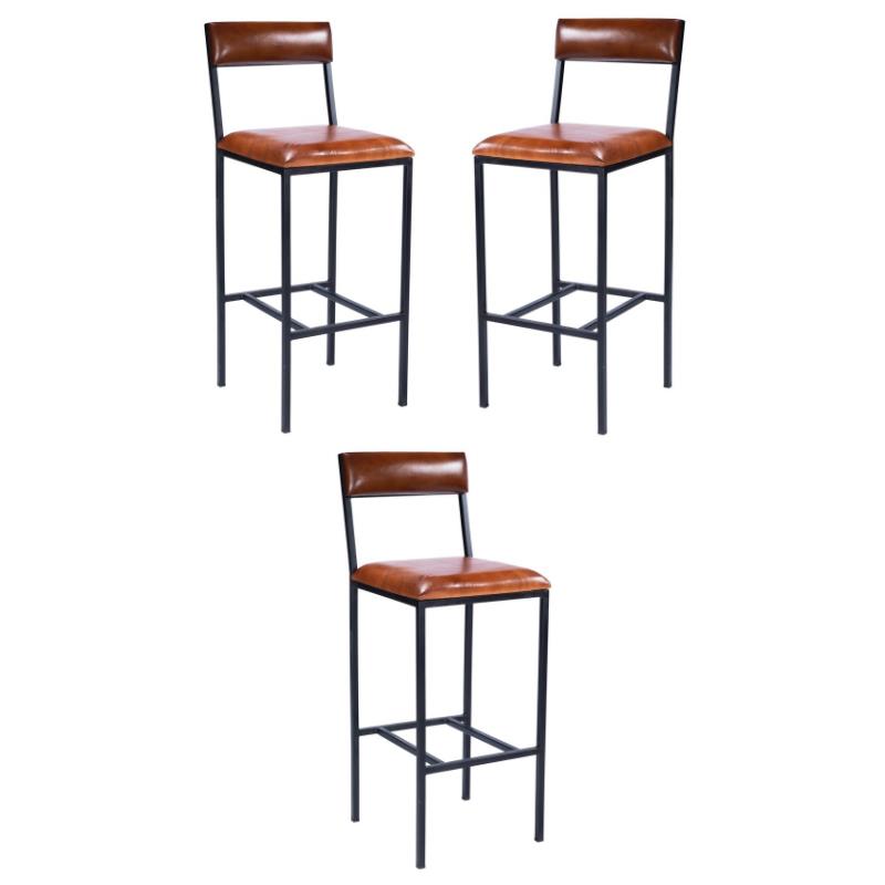 Home Square Leather & Metal Bar Stool in Brown - Set of 3
