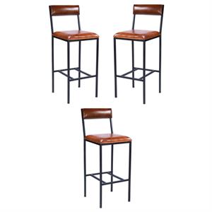 Home Square Leather & Metal Bar Stool in Brown - Set of 3