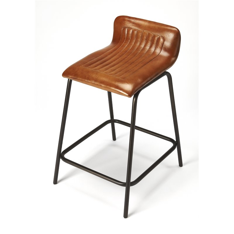 Home Square Leather and Metal Counter Stool in Brown - Set of 2