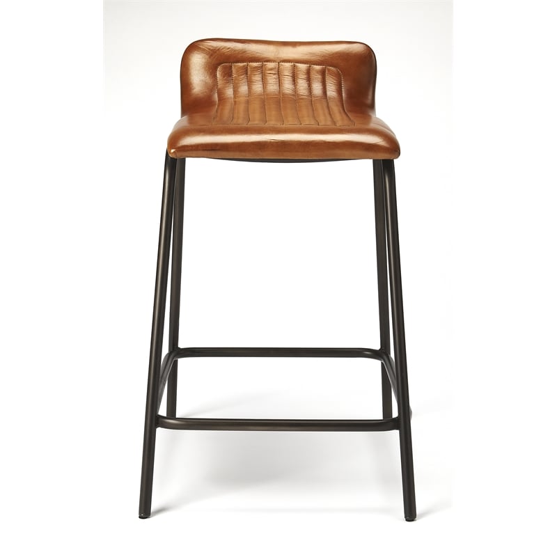 Home Square Leather and Metal Counter Stool in Brown - Set of 2