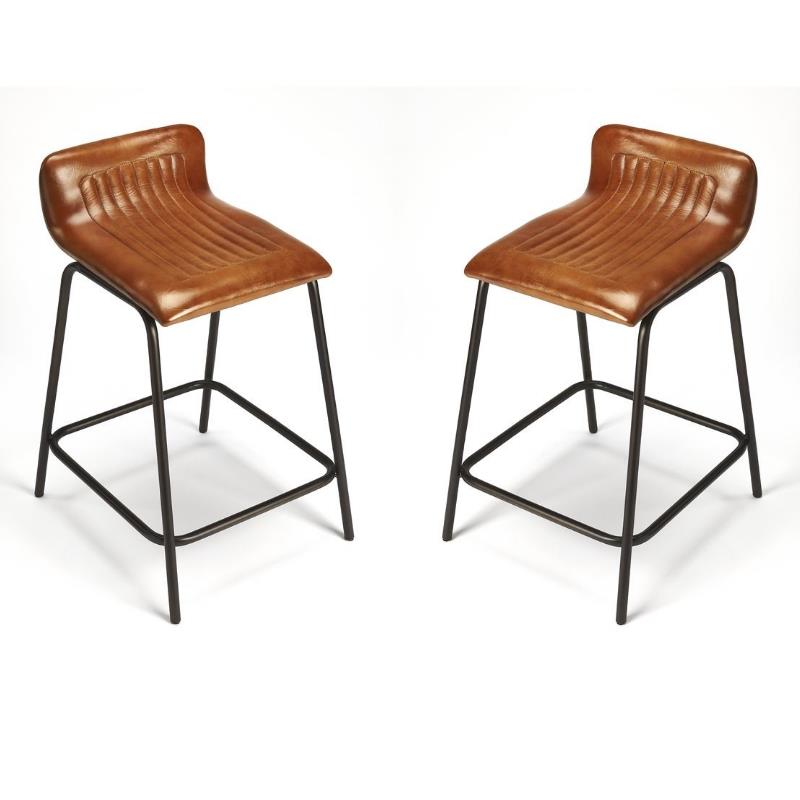 Home Square Leather and Metal Counter Stool in Brown - Set of 2