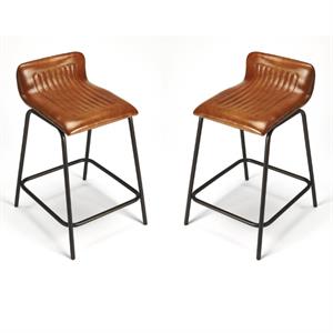 Home Square Leather and Metal Counter Stool in Brown - Set of 2