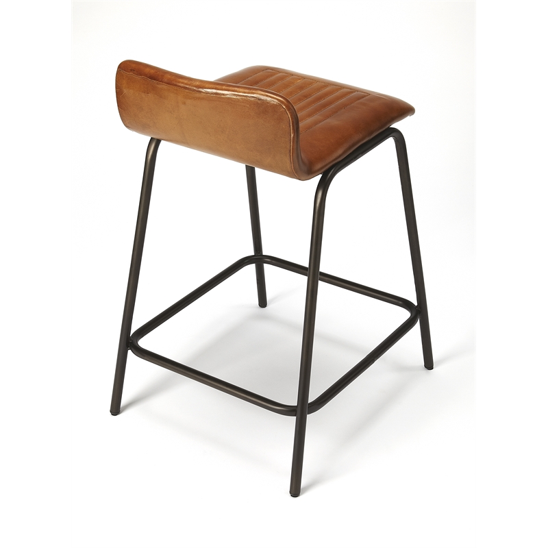 Home Square Leather and Metal Counter Stool in Brown - Set of 3