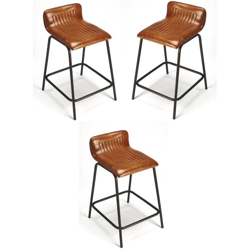 Home Square Leather and Metal Counter Stool in Brown - Set of 3