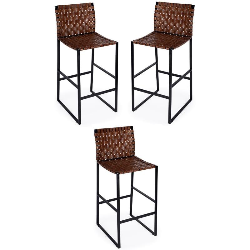 Home Square Urban Woven Leather Bar Stool in Brown - Set of 3