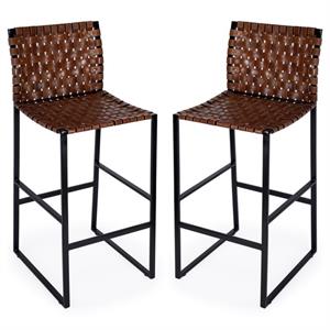Home Square Urban Woven Leather Bar Stool in Brown - Set of 2