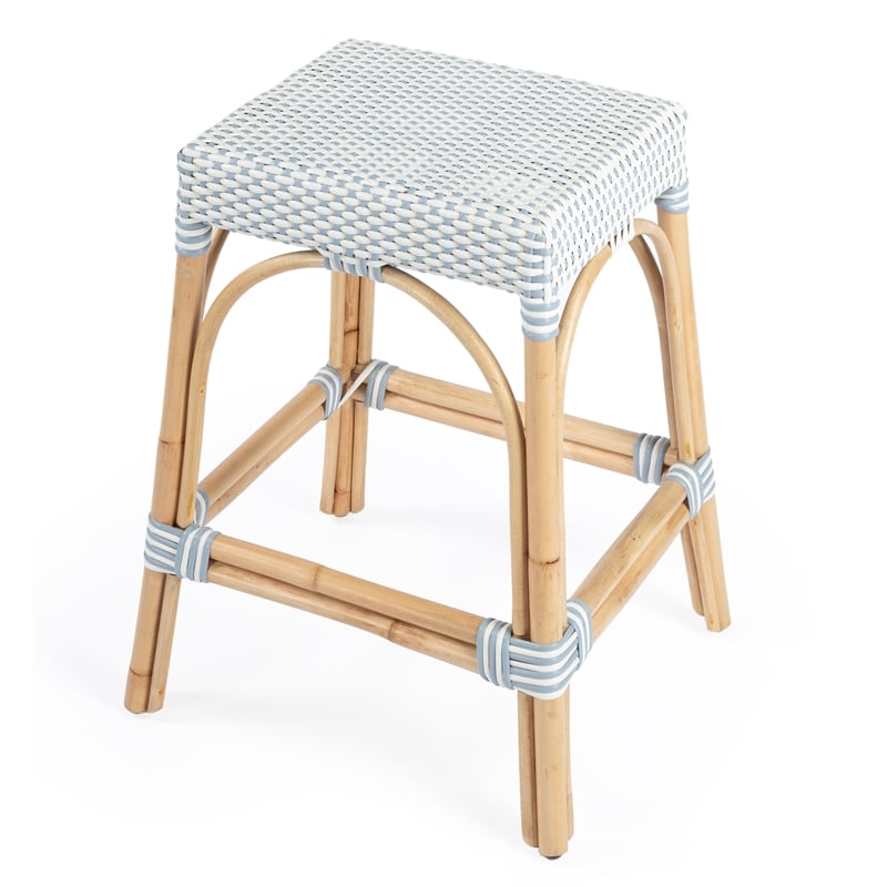 Home Square Twilight Blue & White Rattan Counter Stool - Set of 3