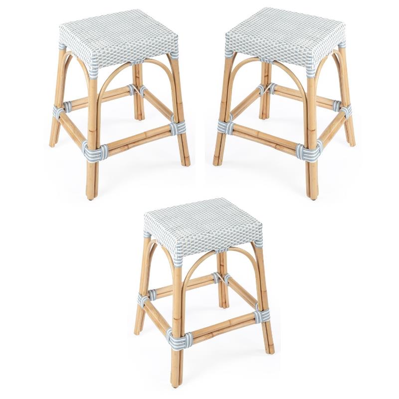 Home Square Twilight Blue & White Rattan Counter Stool - Set of 3